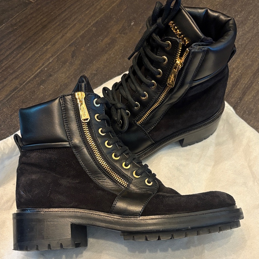 Authentic Balmain Black Leather and Suede Women’s Boots with Gold Accents 38